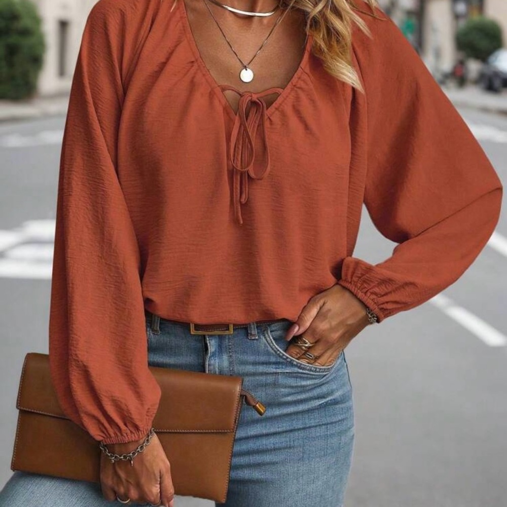 SHEIN Brown and Orange Tie Front Relaxed Blouse